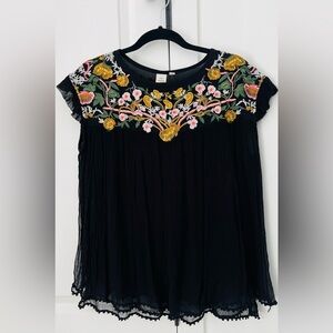 EUC Anthropologie Embroidered Black Boho Blouse Size XS